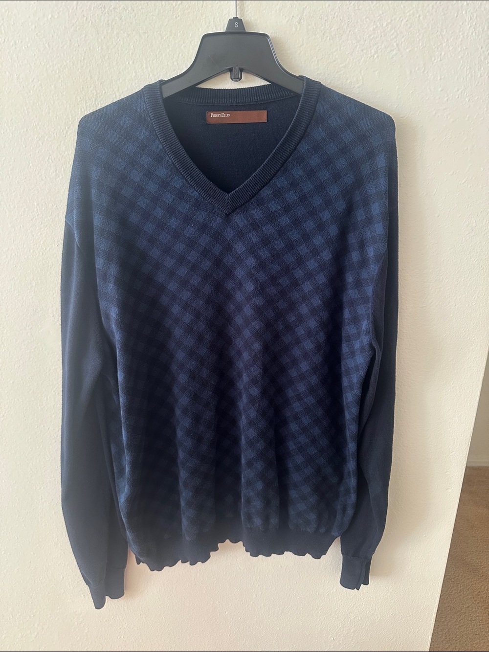 Perry Ellis Navy Blue V-Neck Sweater with Subtle Check